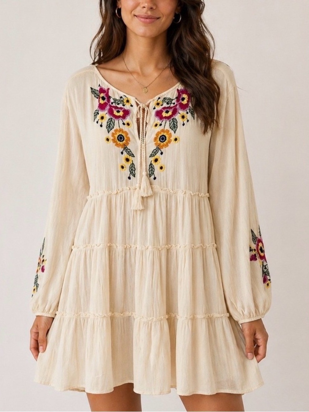 Free People Spell On You Ecru Embroidered Boho Mini Dress Size Small